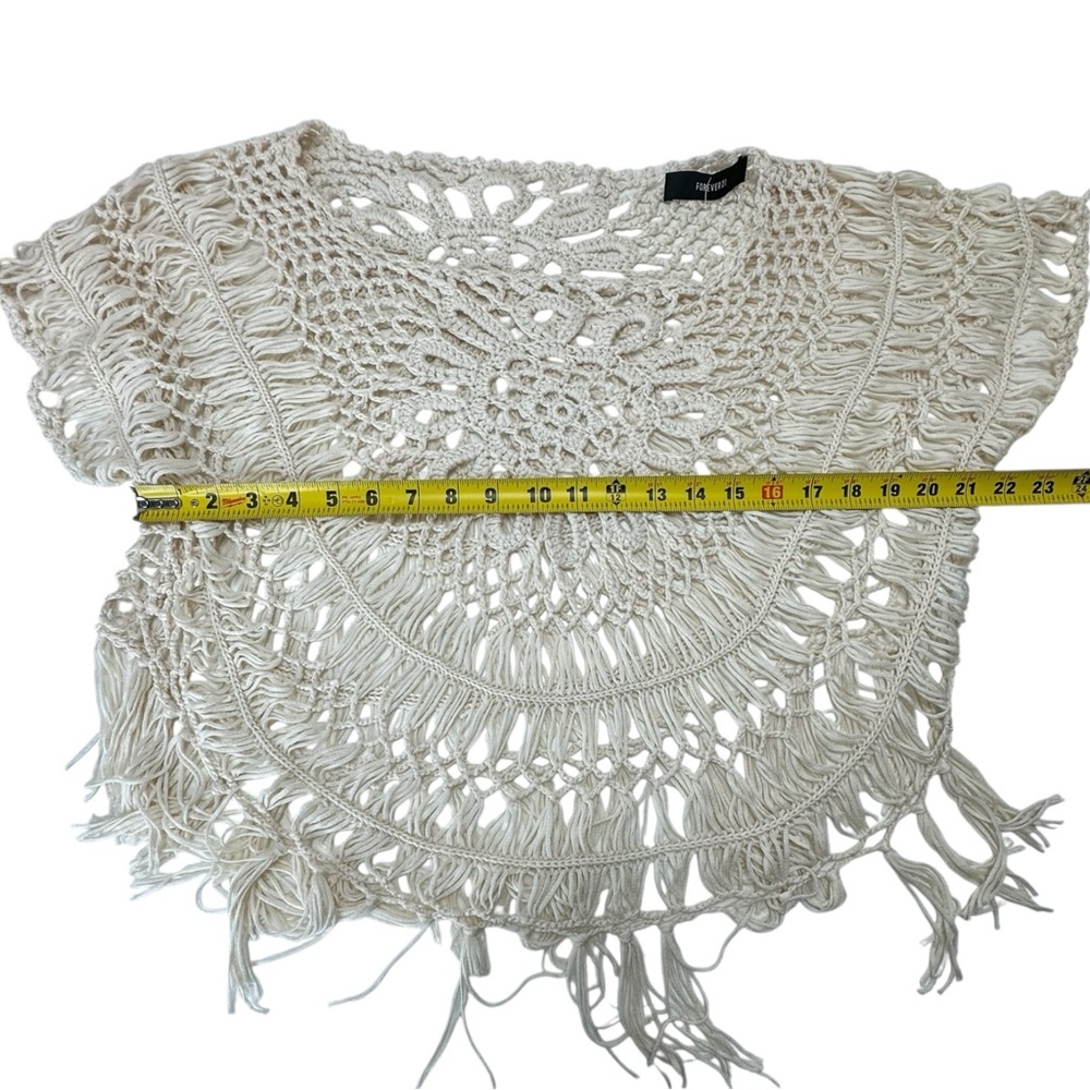 Forever21 Crochet Top Beach Cover Up Cream Fringe Poncho Crochet Shirt Summer - Picture 8 of 13